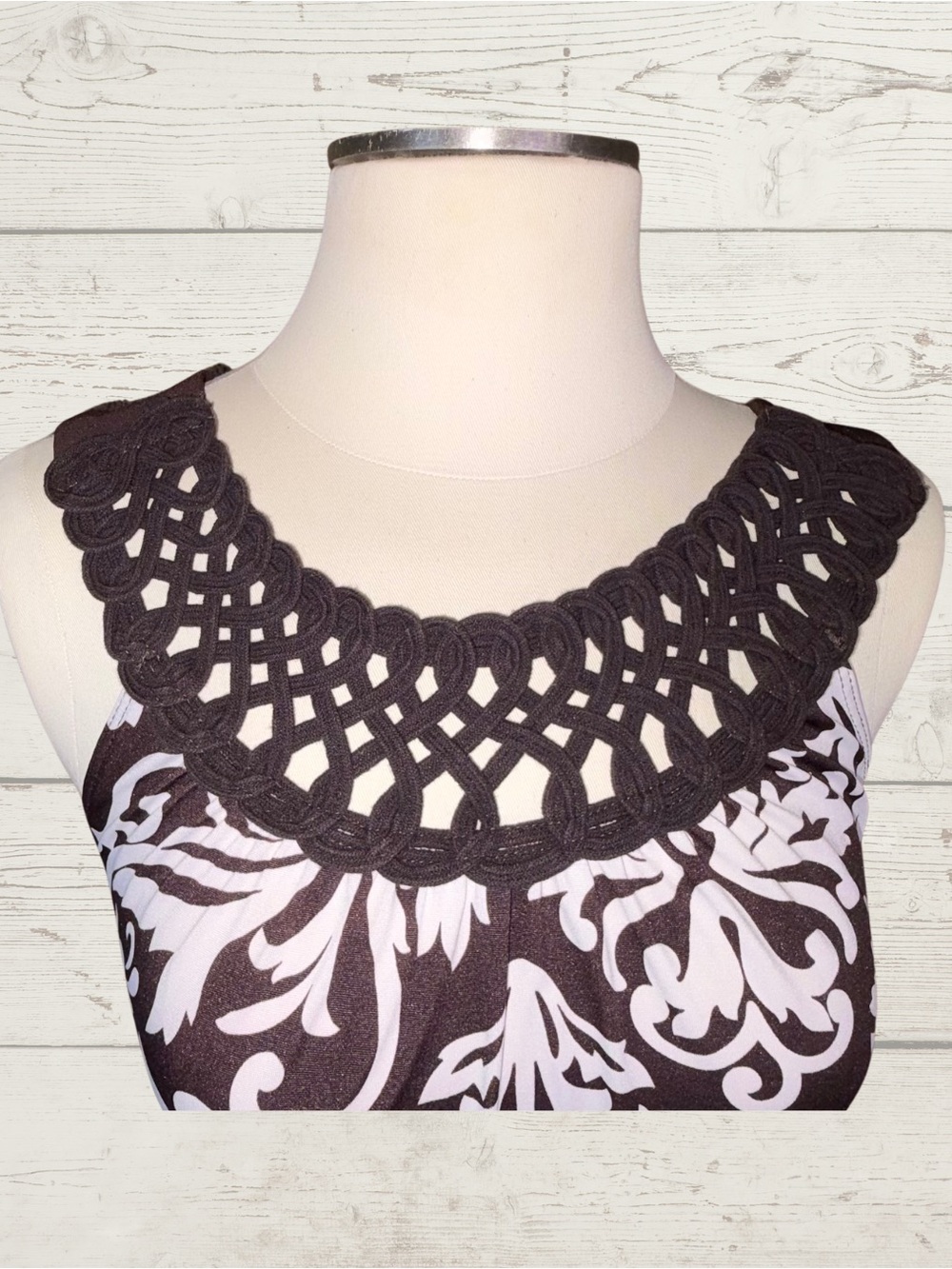 Wrapper Vintage Y2K Brown White Damask Crochet Neck Sleeveless Mini Dress S